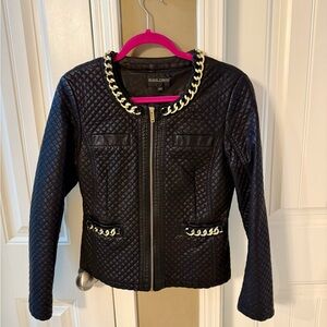Frank Lyman Faux Leather Black Quilted Jacket with Chain Detail